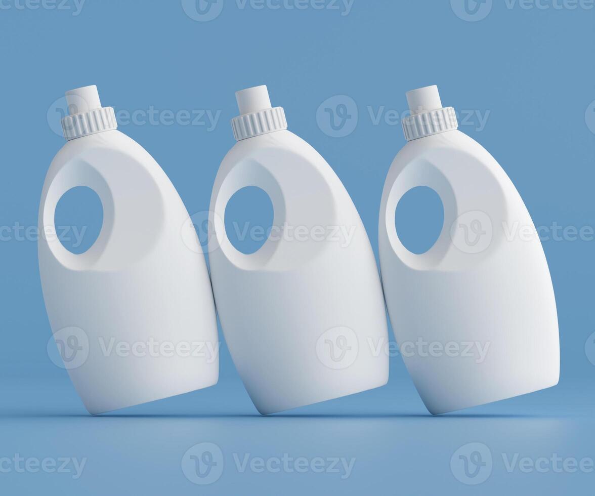 Three white plastic bottles with lids on a blue background photo
