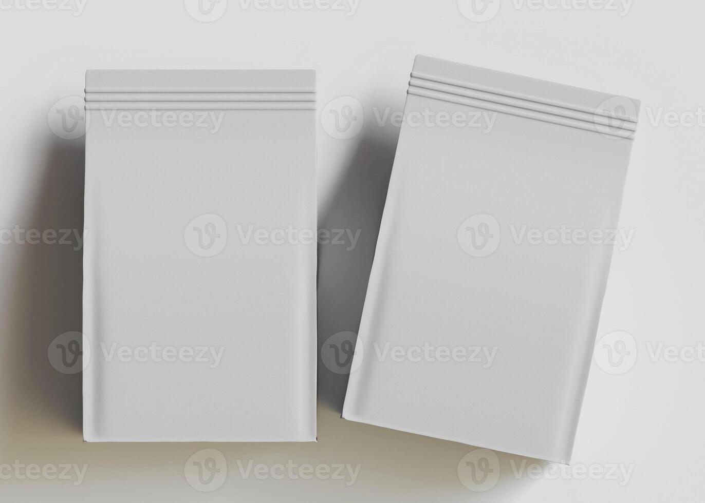 Two blank white packaging bags overhead view photo