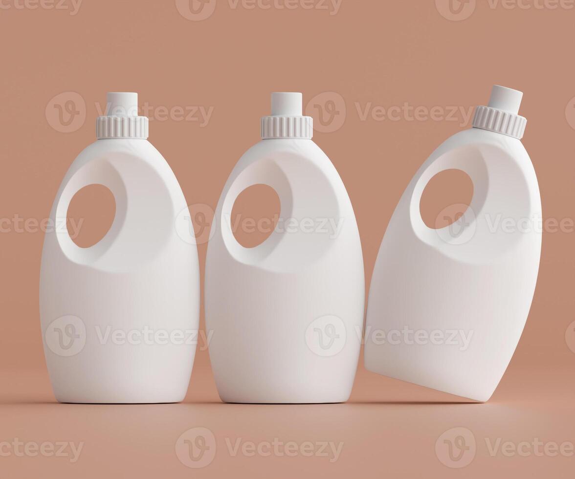 Three white plastic bottles with lids on a brown background photo