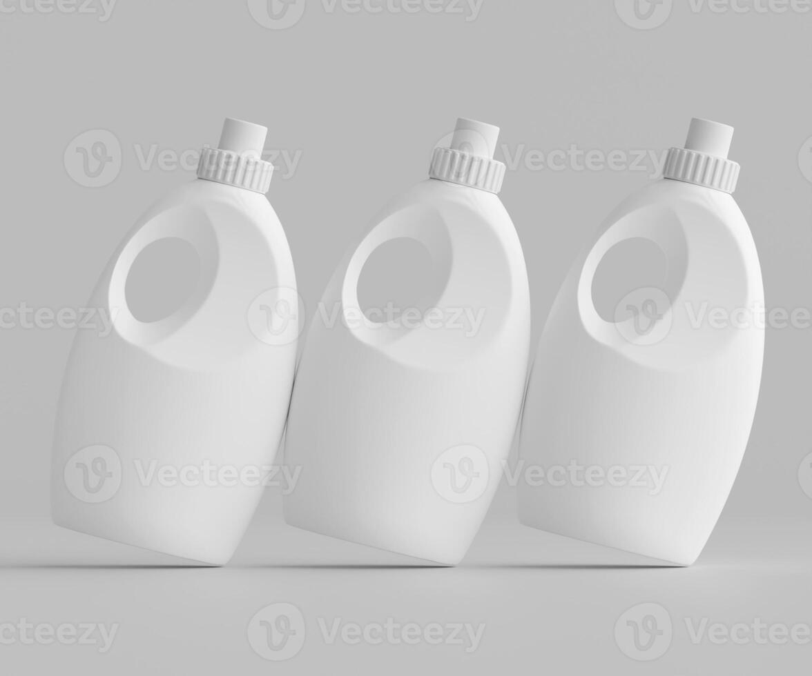 Three white plastic bottles with lids on a gray background photo