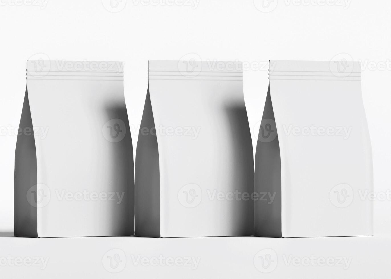 Three blank white bags row studio shot photo