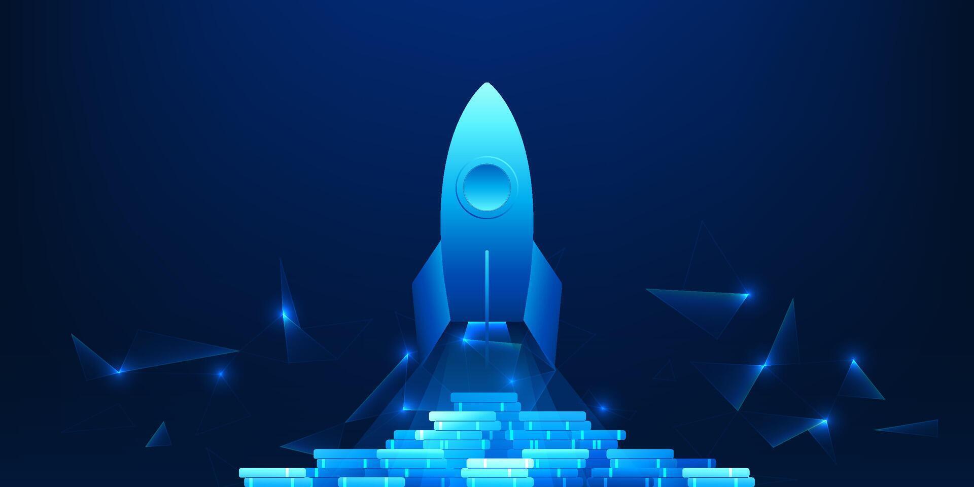 Rocket rising from a pile of coins symbolizes the success and growth of a business with a solid financial foundation. vector