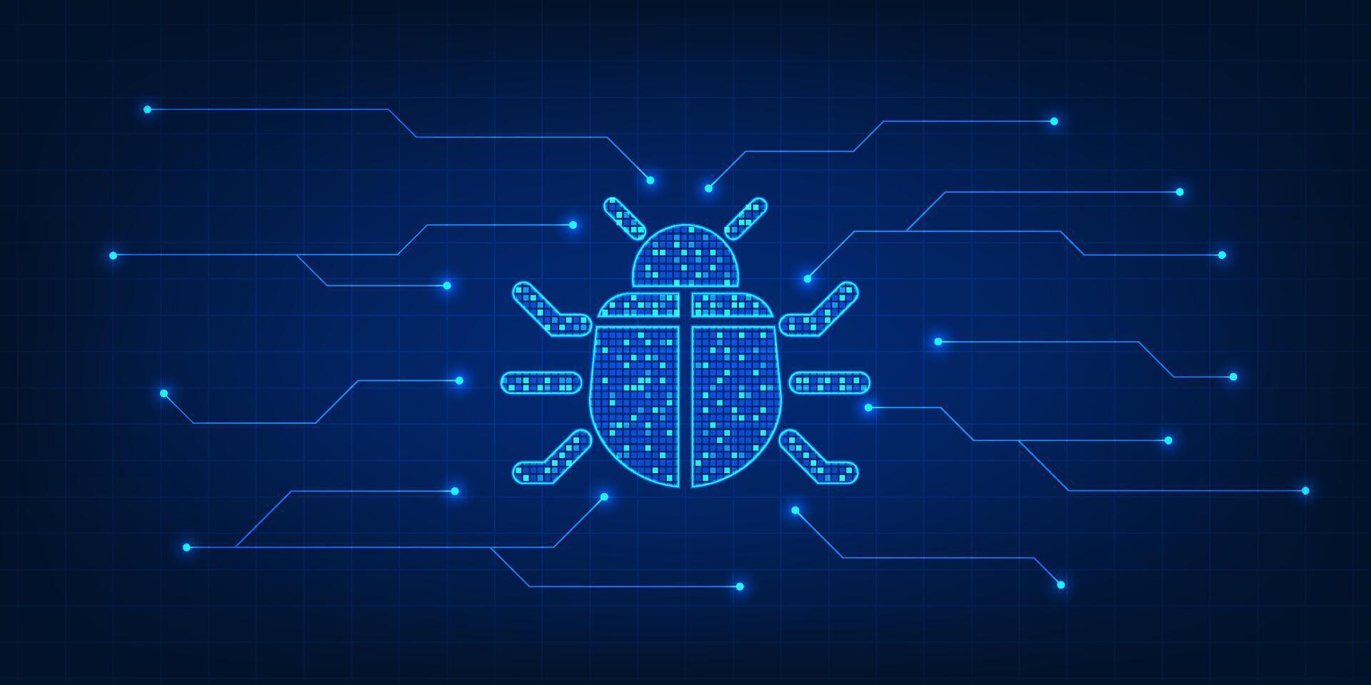 Cybersecurity technology, virus bug with technology circuit line, shows malware threats that lurk in the digital network of the Internet, which destroys data within the organization. vector