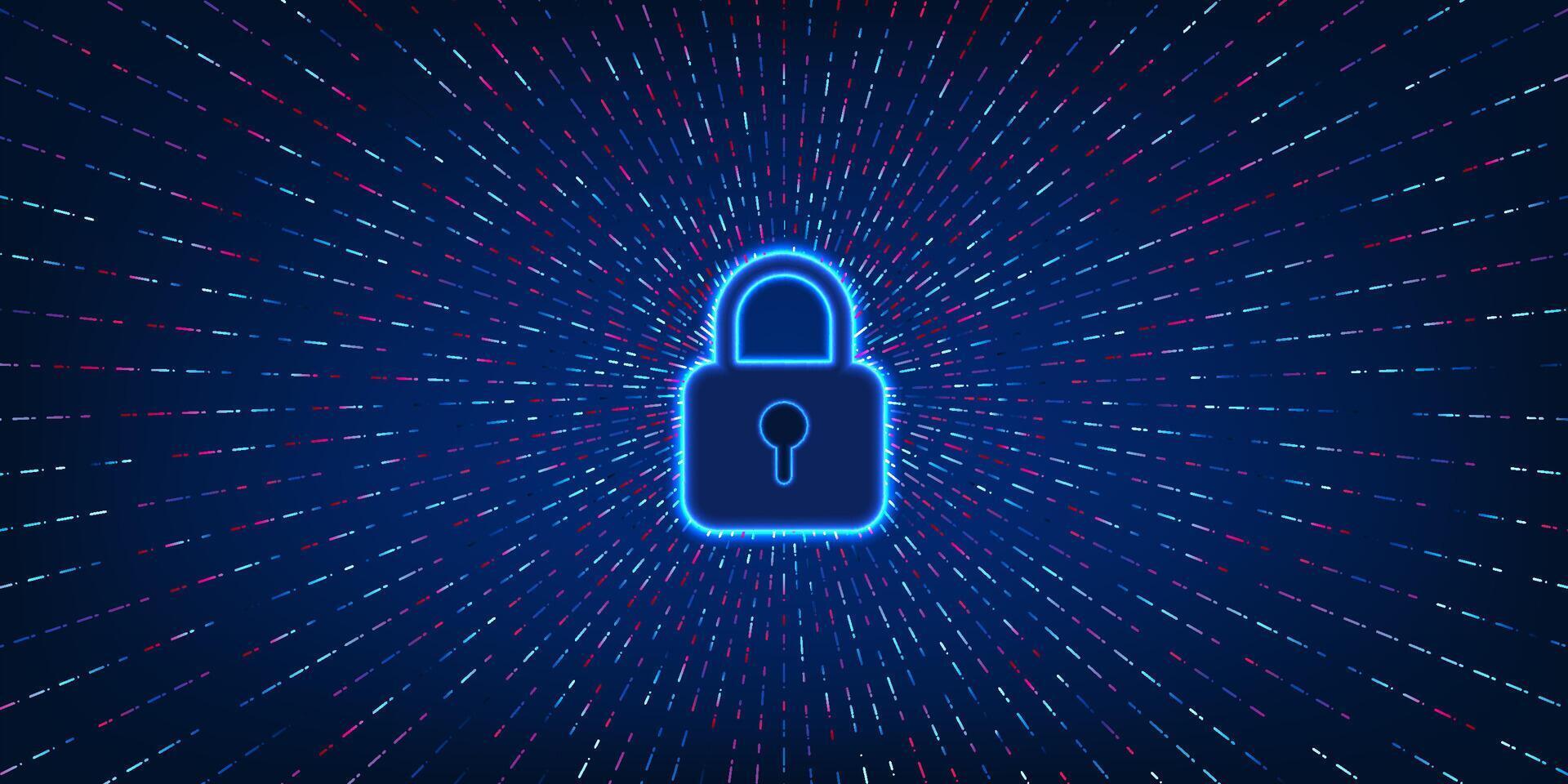Cybersecurity technology The lock with lights shining from all sides shows all-around cyber protection. With cybersecurity technology, it prevents data leakage and virus attacks. vector