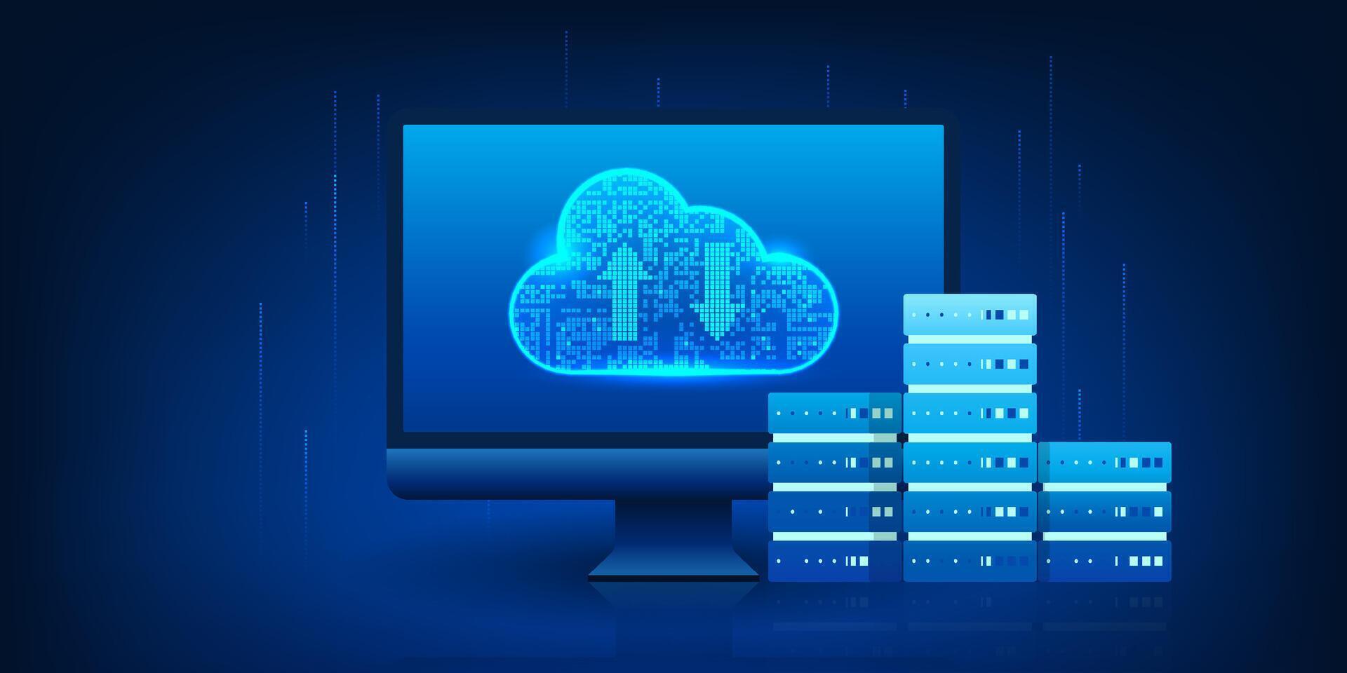 Cloud technology displayed on a computer screen with a connection to a server, represents a real-time cloud storage and processing system for the organization's operations. vector