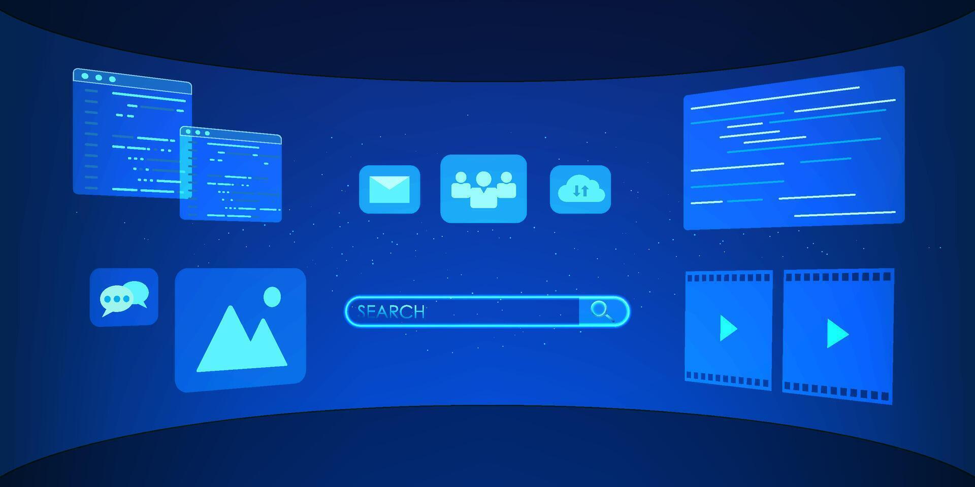 Virtual Reality Technology The screen inside the VR,AR glasses displays virtual image and graphic data for real-time interaction and data analysis. vector