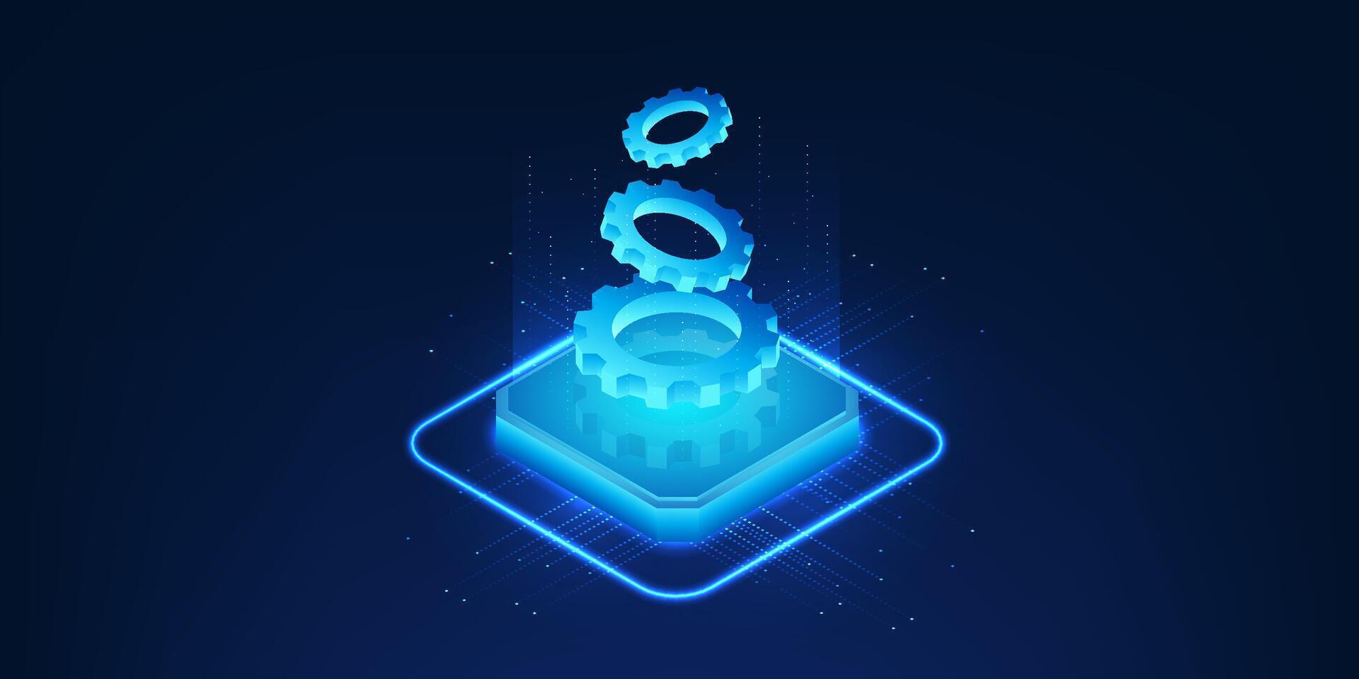 Artificial intelligence technology, the microchip on top is a cog, the working of the brain system driven by intelligent processes and logical mechanisms for decision making and data analysis. vector