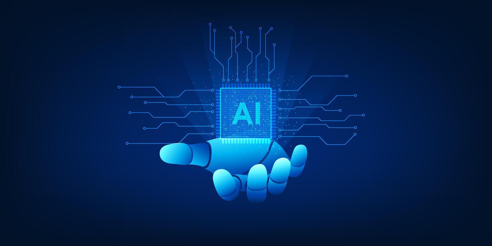 Agent AI Technology Robotic hand holding AI microchip represents the AI Technology embedded in cutting edge hardware to automatically process and scan data Intelligent system vector