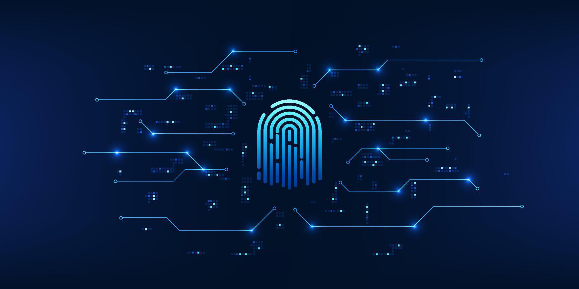 Cybersecurity technology, fingerprint connected to the technology circuit, conveys biometric authentication and cybersecurity to access critical business data. vector