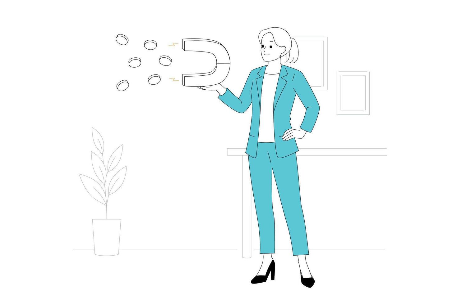 Dynamic businesswoman using a magnet to attract coins, symbolizing her drive for corporate success vector