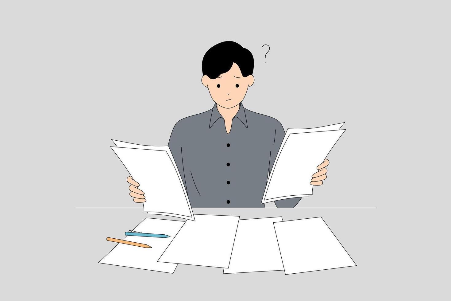 A puzzled person is reviewing various documents for important clarity and insight vector