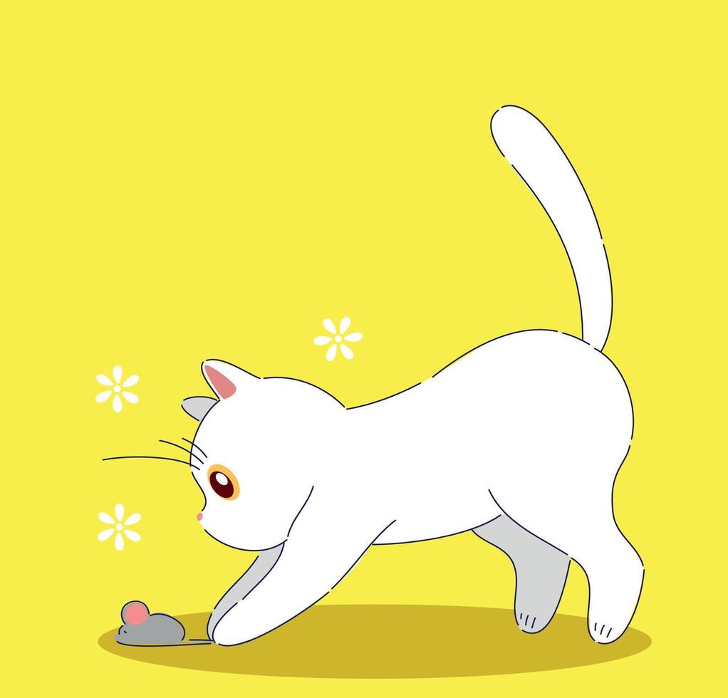 A lively White Cat playfully interacts with a Toy Mouse on a bright yellow background vector