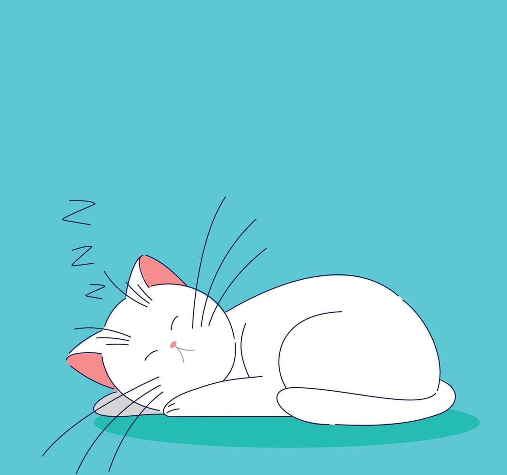 A Charming Sleeping Cat on a Beautiful Turquoise Background with Various Colorful Elements vector
