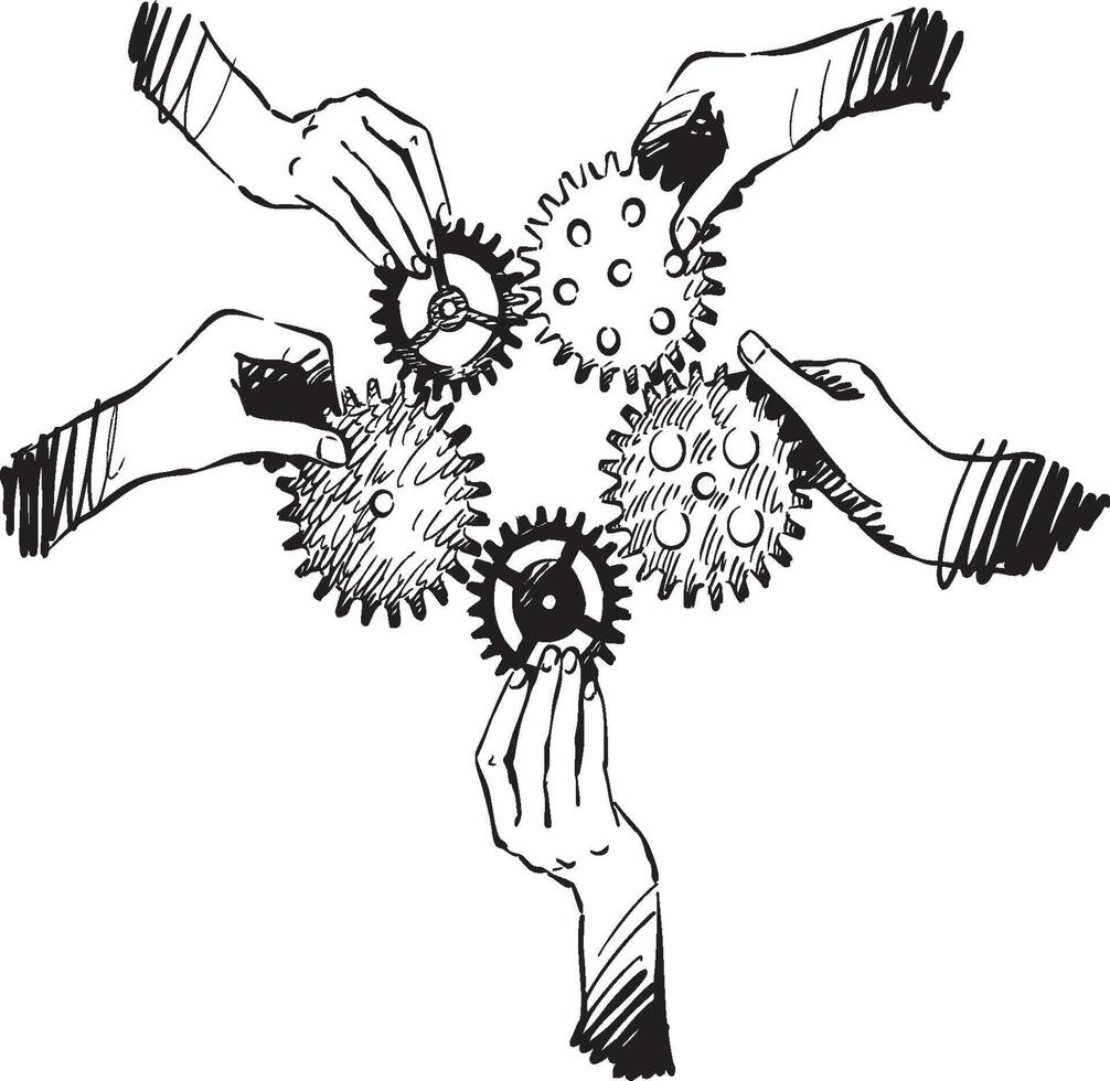 Collaboration in Motion Gears and Hands Working Together to Achieve Greater Efficiency and Unity vector