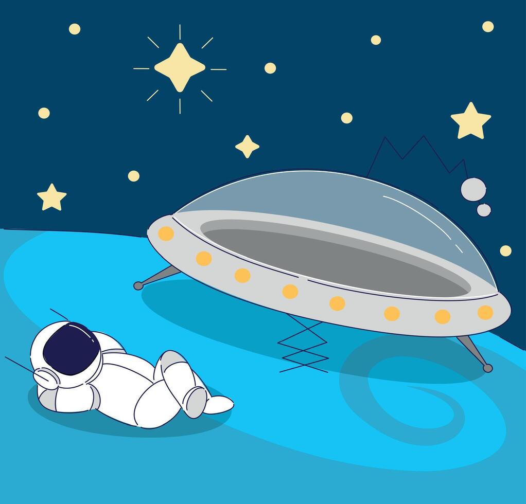 An astronaut relaxes peacefully near a UFO under a beautifully starry, cosmic sky vector