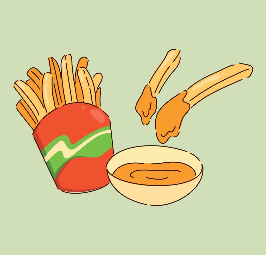 Savor the flavor of deliciously crispy French Fries served with a delightful dipping sauce vector