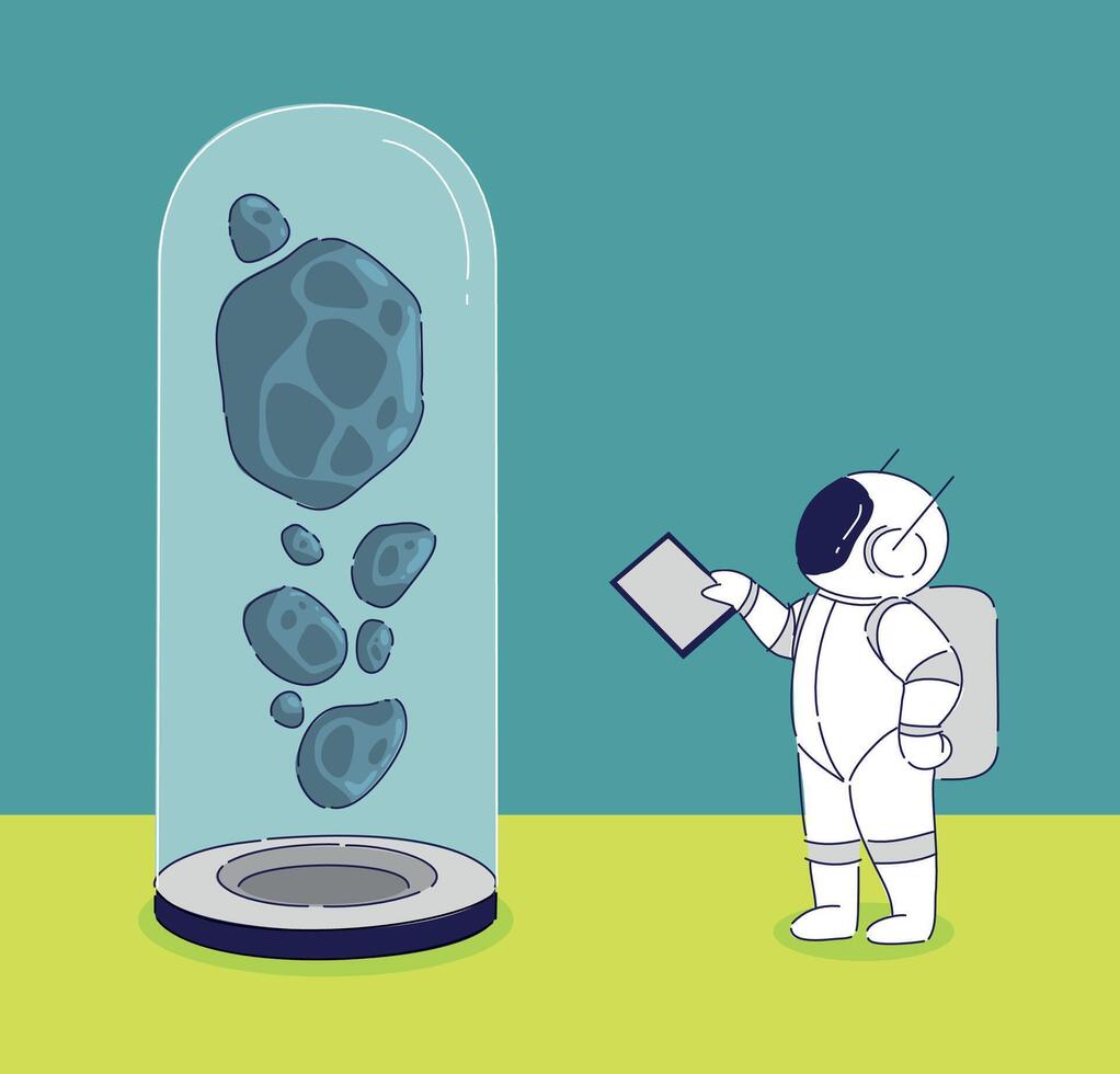 An Astronaut is Currently Observing Floating Meteorites Within a Glass Dome Structure vector
