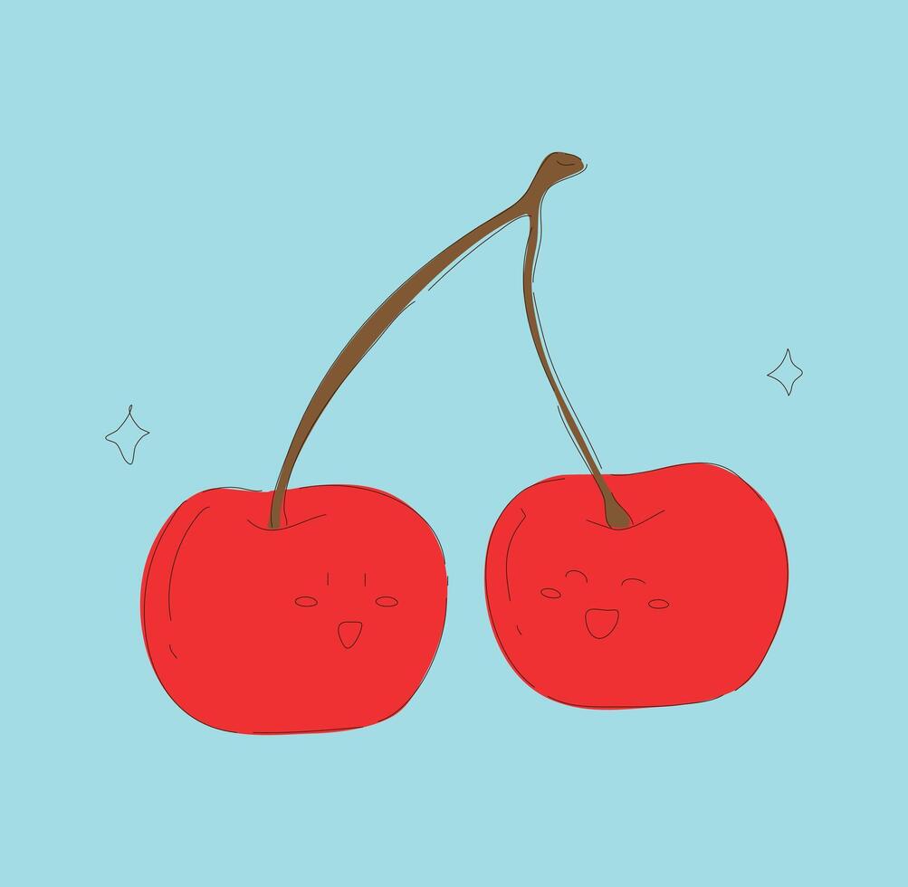 Adorable and Playful Cartoon Cherries Featuring Happy Faces Set Against a Light Blue Background vector