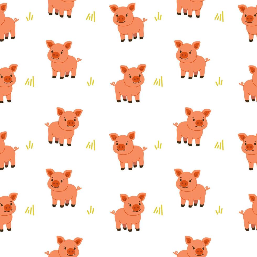 Seamless pattern with cute pig in flat style on white background with grass, perfect for kids products, nursery designs, farm-themed decor, and textile applications vector