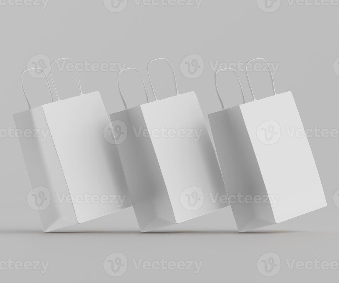 White paper shopping bags on grey background 3d render photo