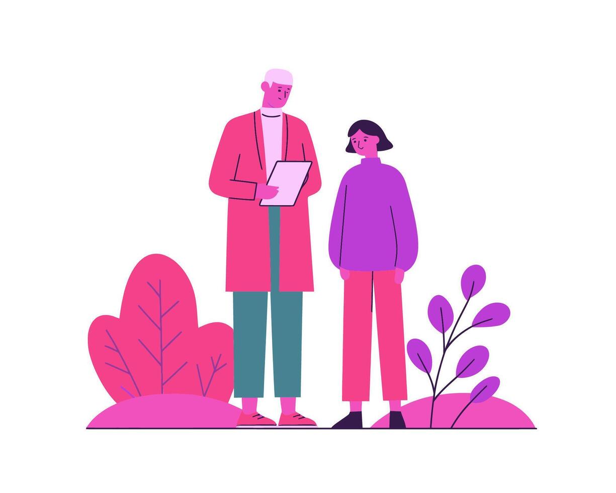 Diverse Individuals Engaged in Conversation with Digital Tablet Among Colorful Nature Elements vector