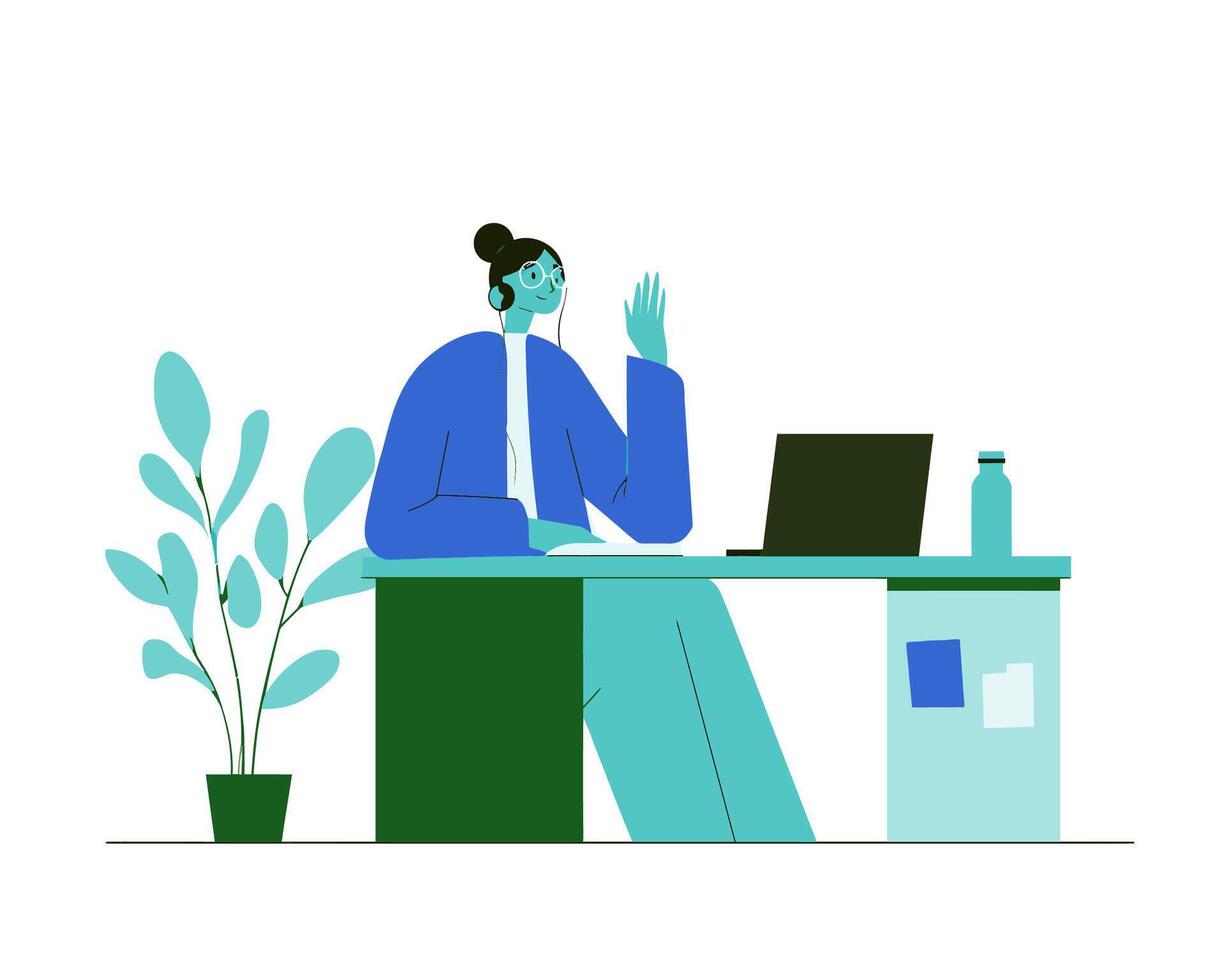 Person Working at Desk with Laptop and Plant in Minimalist Workspace Environment vector