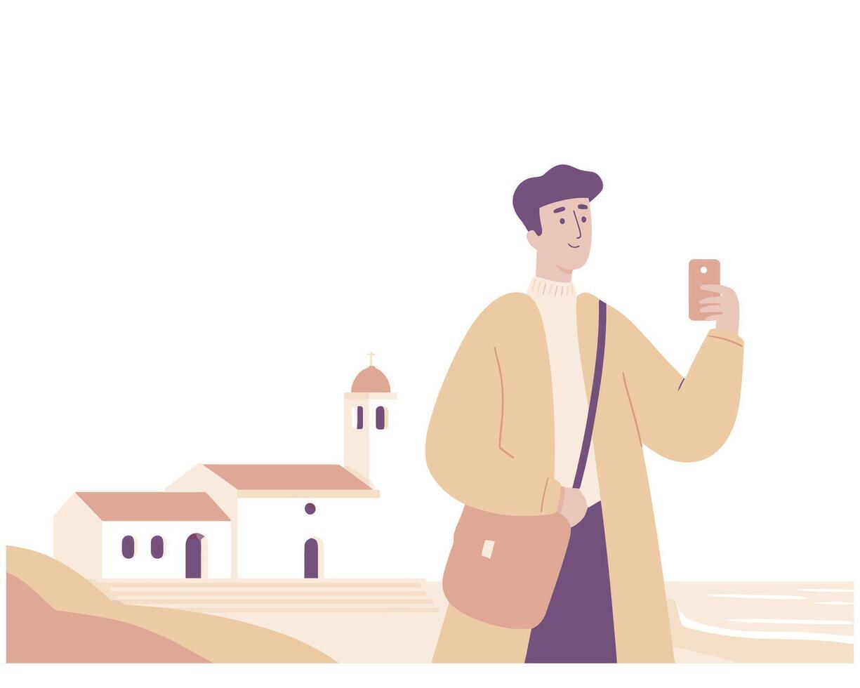 Young Person Taking Selfie Near Beautiful Coastal Landscape with Small Building in Background vector