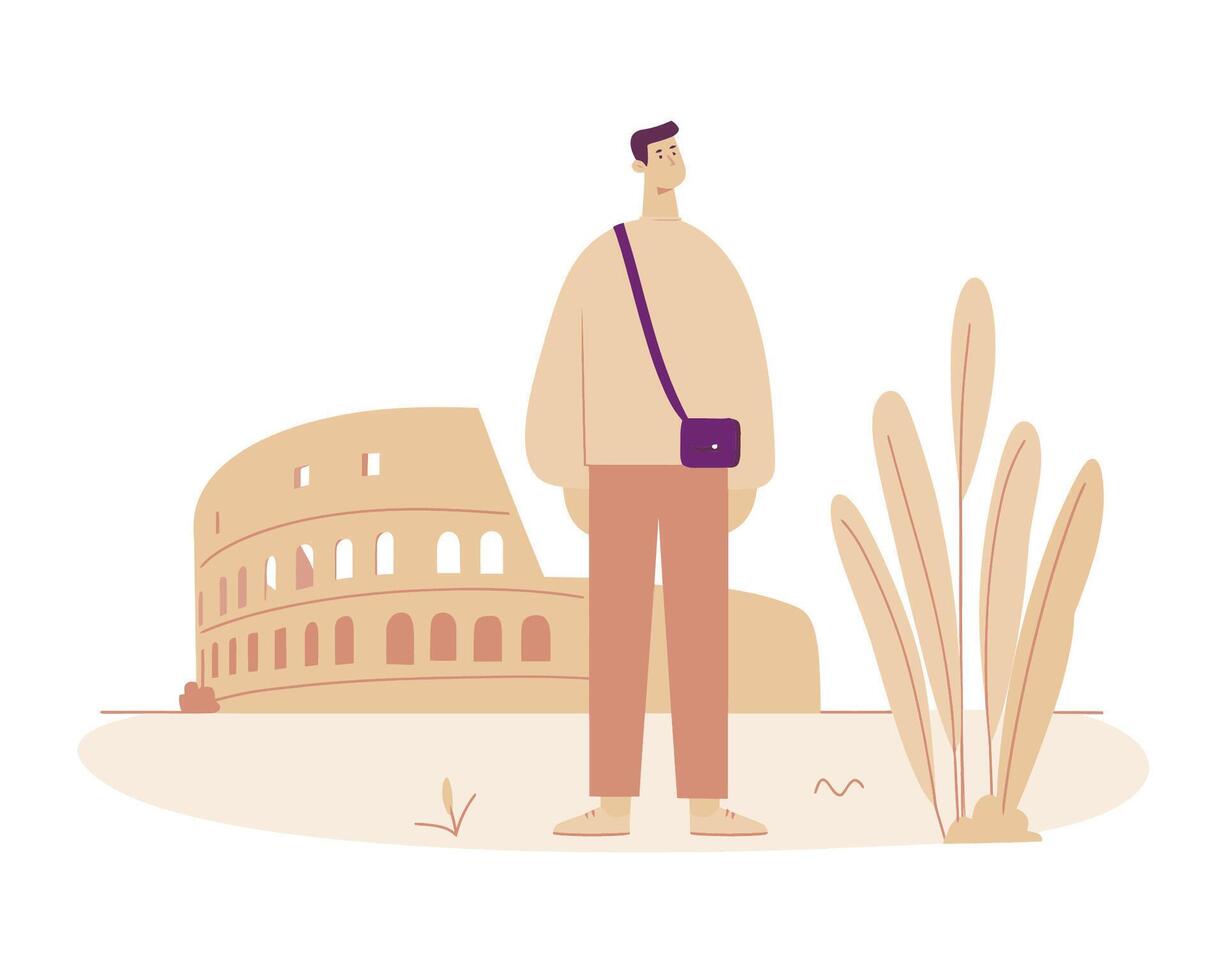 Person Standing Near Historic Colosseum Structure with Palm Plants and Minimalist Style vector