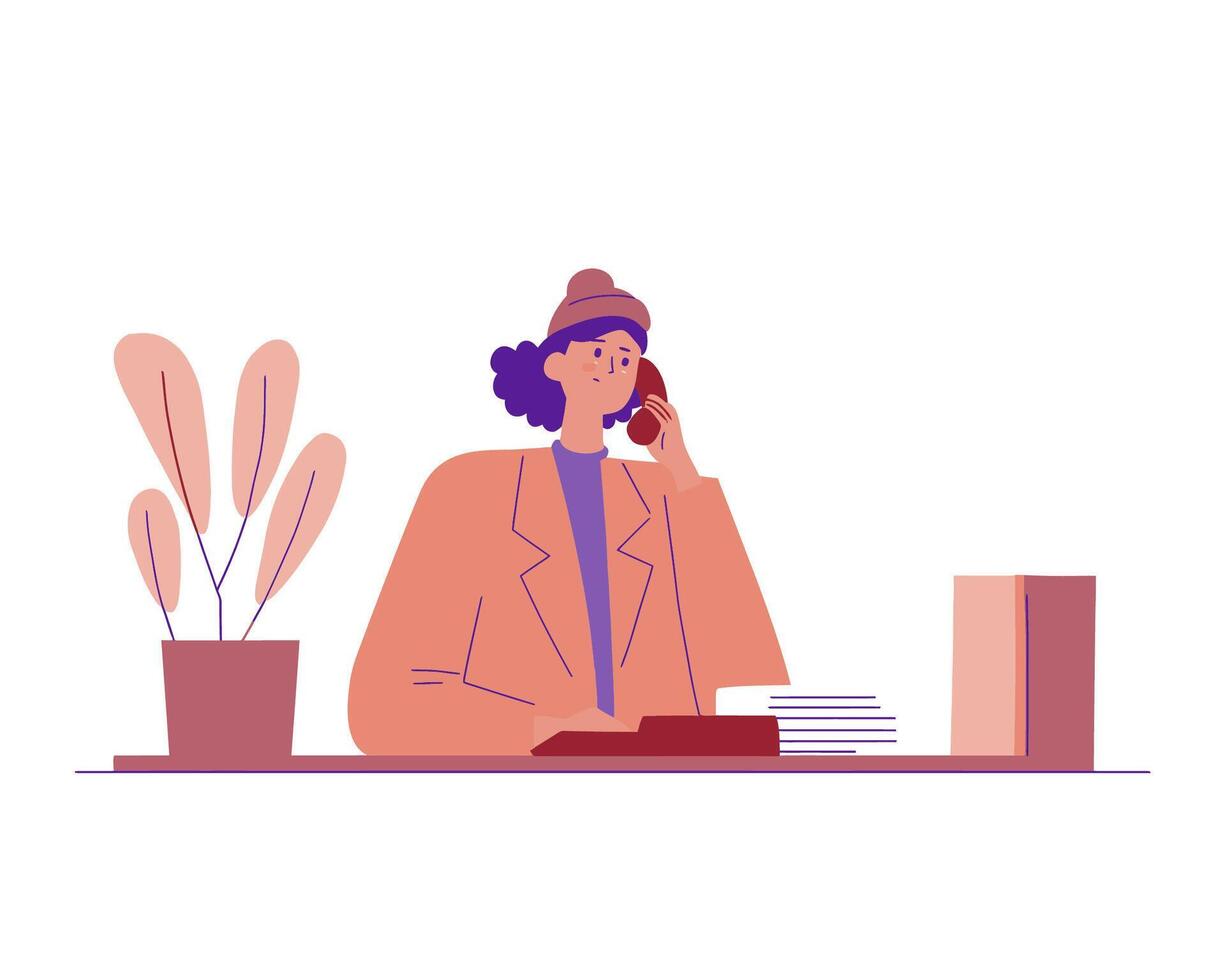 Woman in a Casual Outfit Engaged in a Phone Call While Sitting at a Desk with Plants vector