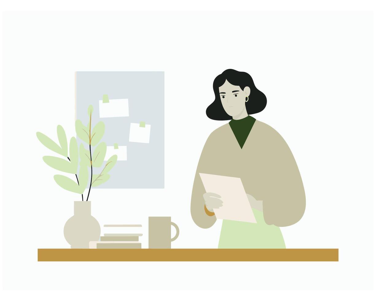 Woman Standing at Desk with Papers and Plant in Modern Minimalist Workspace vector