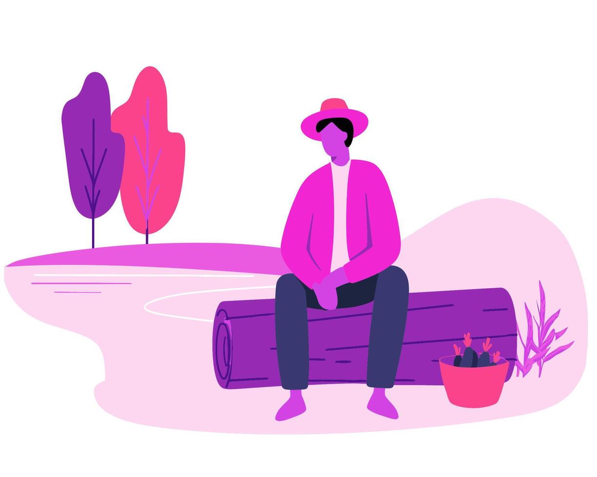 Man Sitting on Log Surrounded by Trees and Plants in a Vibrant Graphic Style Illustration vector