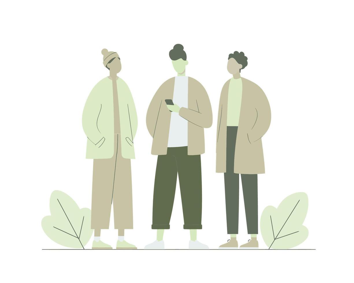 Group of Three Friends Standing Together in Casual Outfits with Green Tones and Plants vector