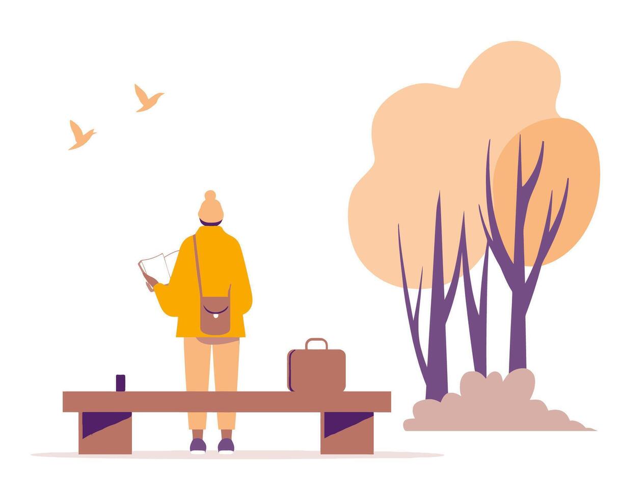Person in Yellow Jacket Enjoying Nature with Trees and Birds in Minimalist Illustration Style vector