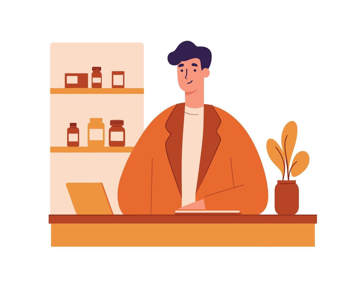 Friendly pharmacist behind counter with shelves displaying various medicine bottles and plants vector