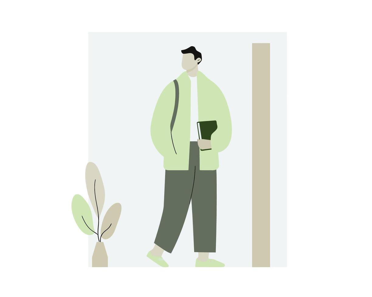 Stylish Young Man Holding Book While Standing in Modern Interior Space with Minimalist Design vector