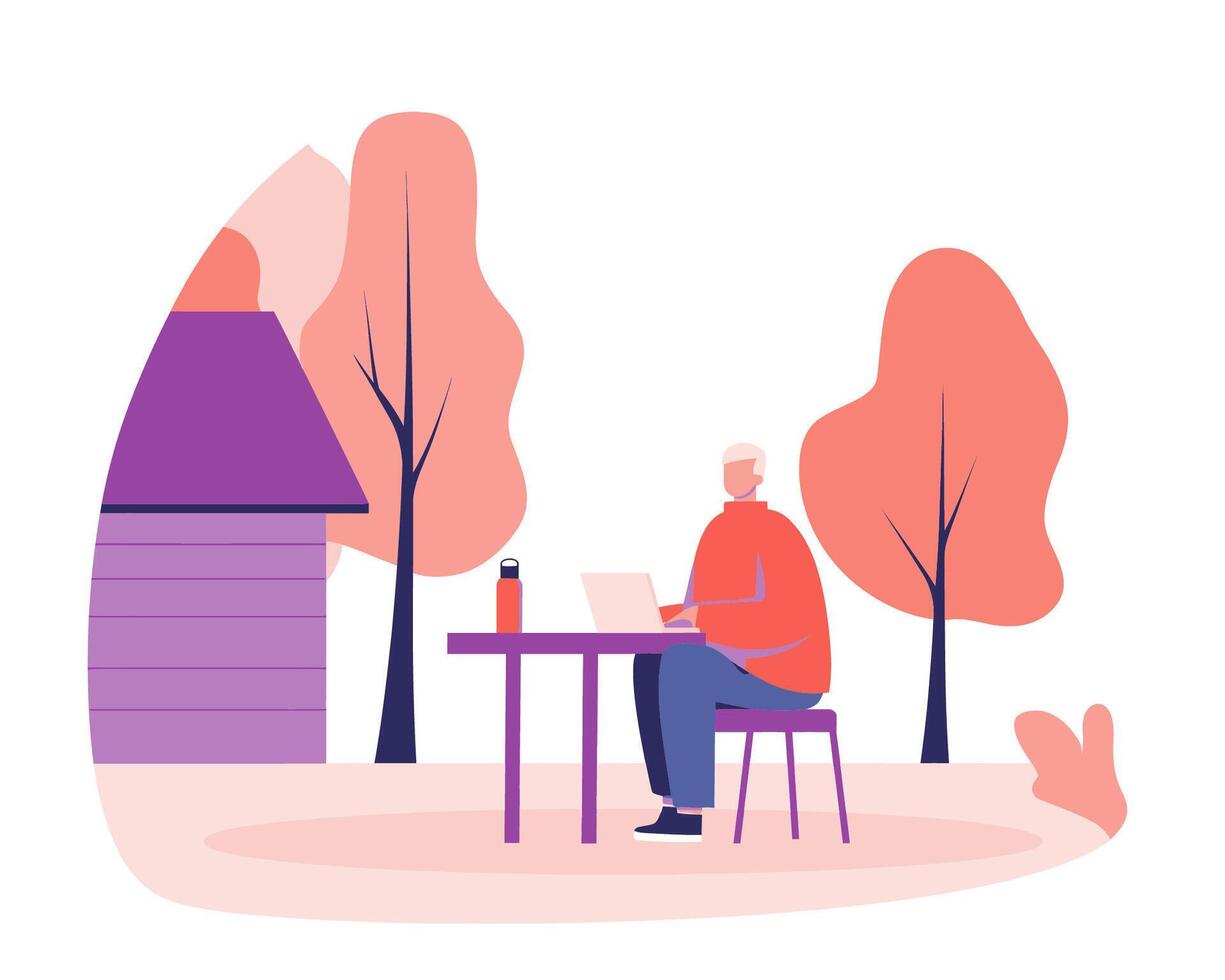Man Working Outdoors at Table in Bright and Vibrant Autumn Landscape with Trees and House vector