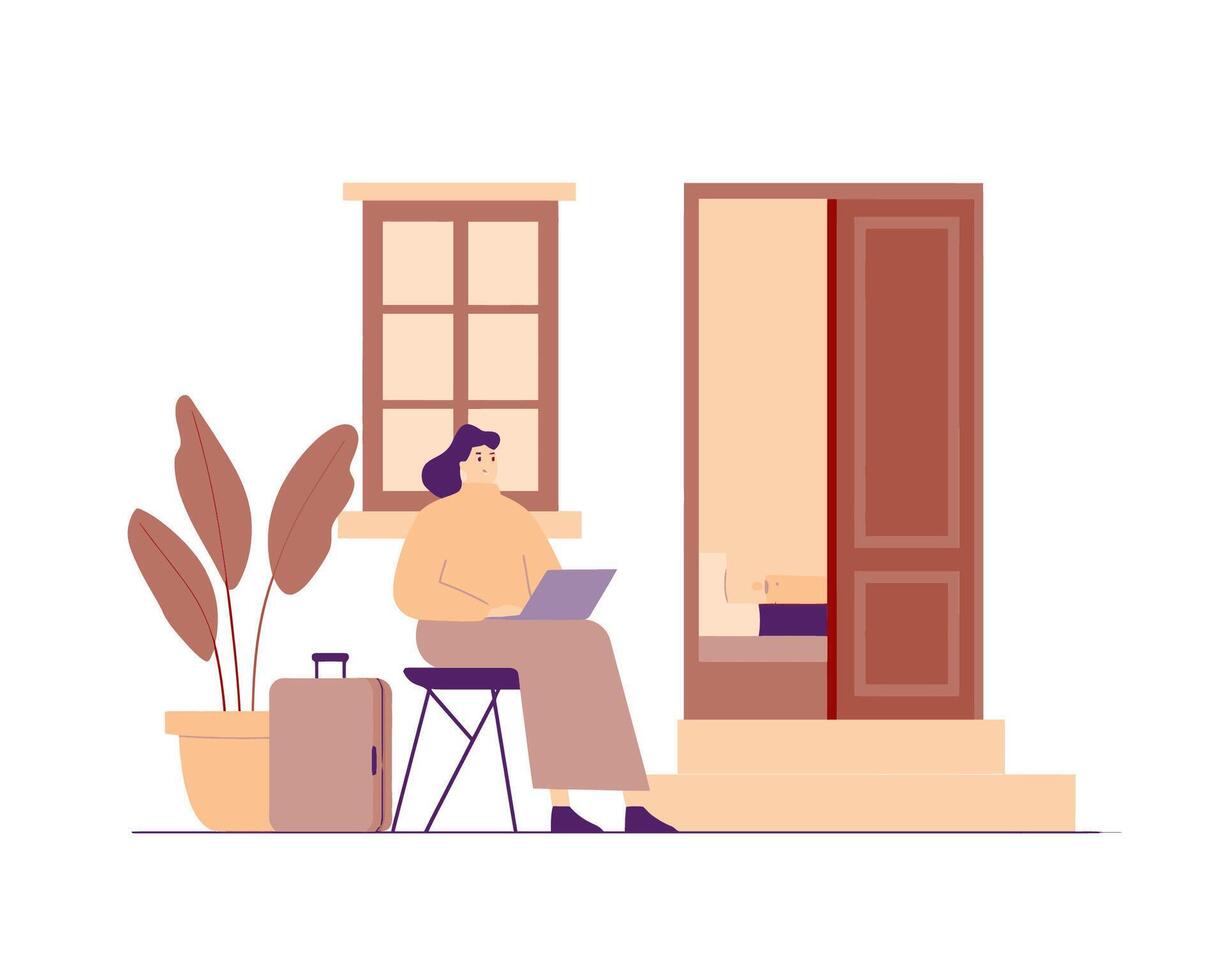 Woman Working on Laptop Outside Home with Suitcase and Open Door in Modern Illustration Style vector
