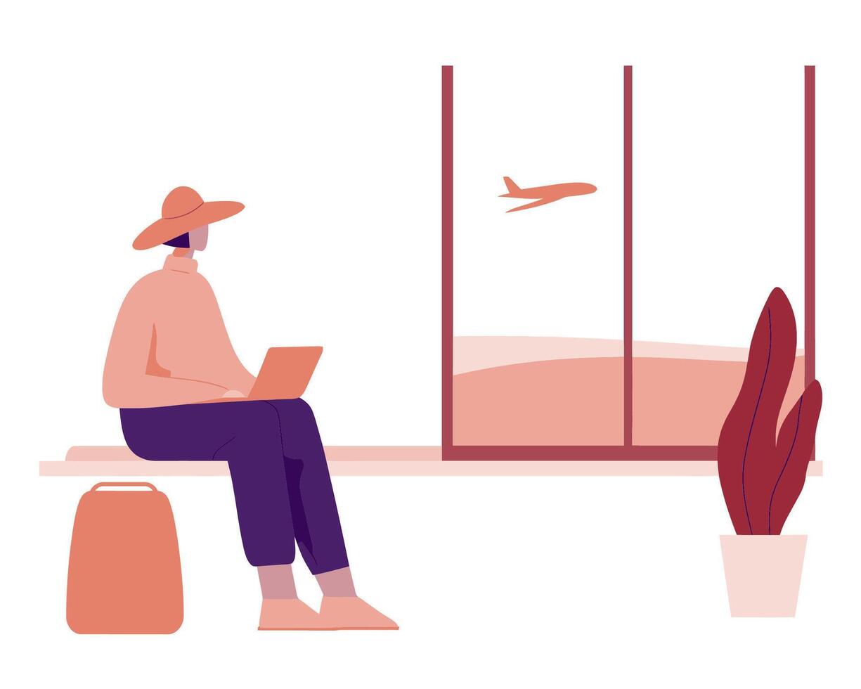 Person Working on Laptop by Airport Window with Airplane in Background and Plants Nearby vector
