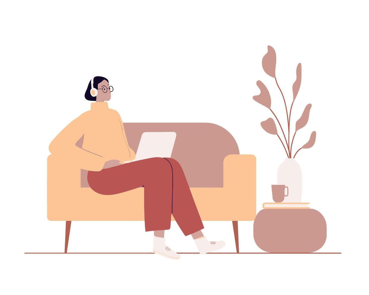 Woman Working on Laptop While Sitting Comfortably on Couch in Modern Living Room Setting vector