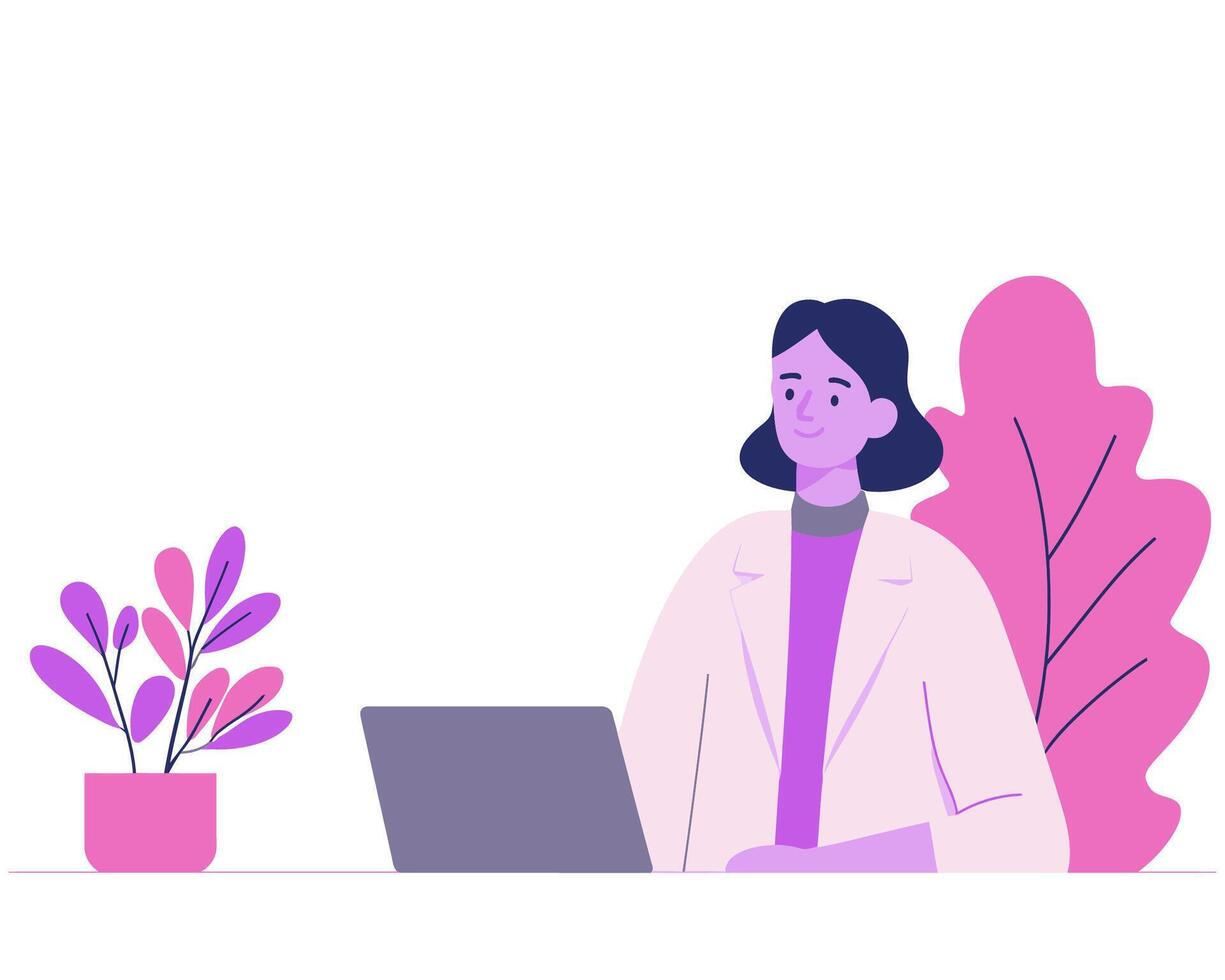 Professional Woman Working on Laptop with Plants in Modern Colorful Workspace Setting vector
