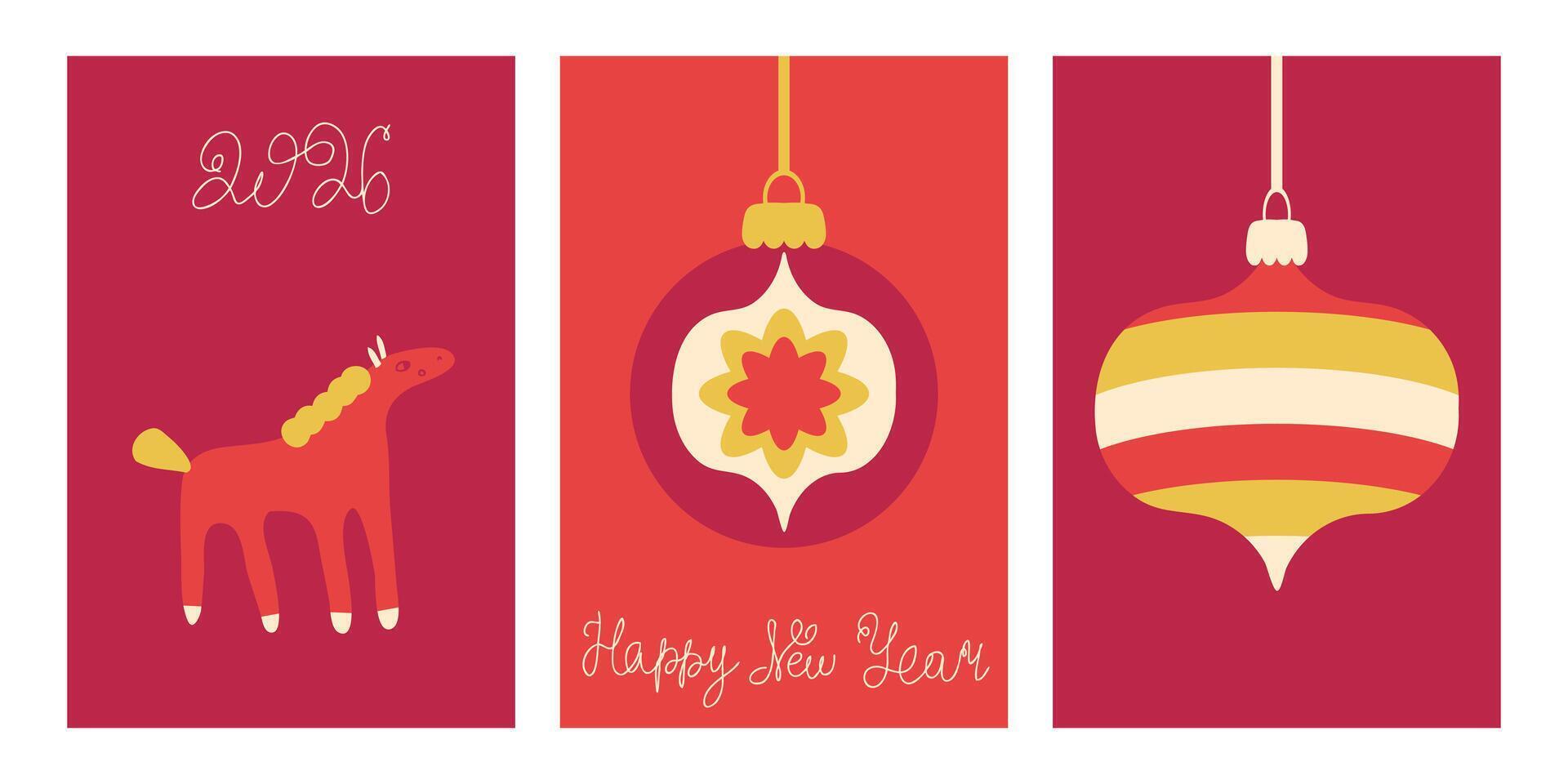 New Year of Horse 2026 greeting card templates collection. Hand drawn illustration for posters, party invitation, banner, social media, marketing. vector