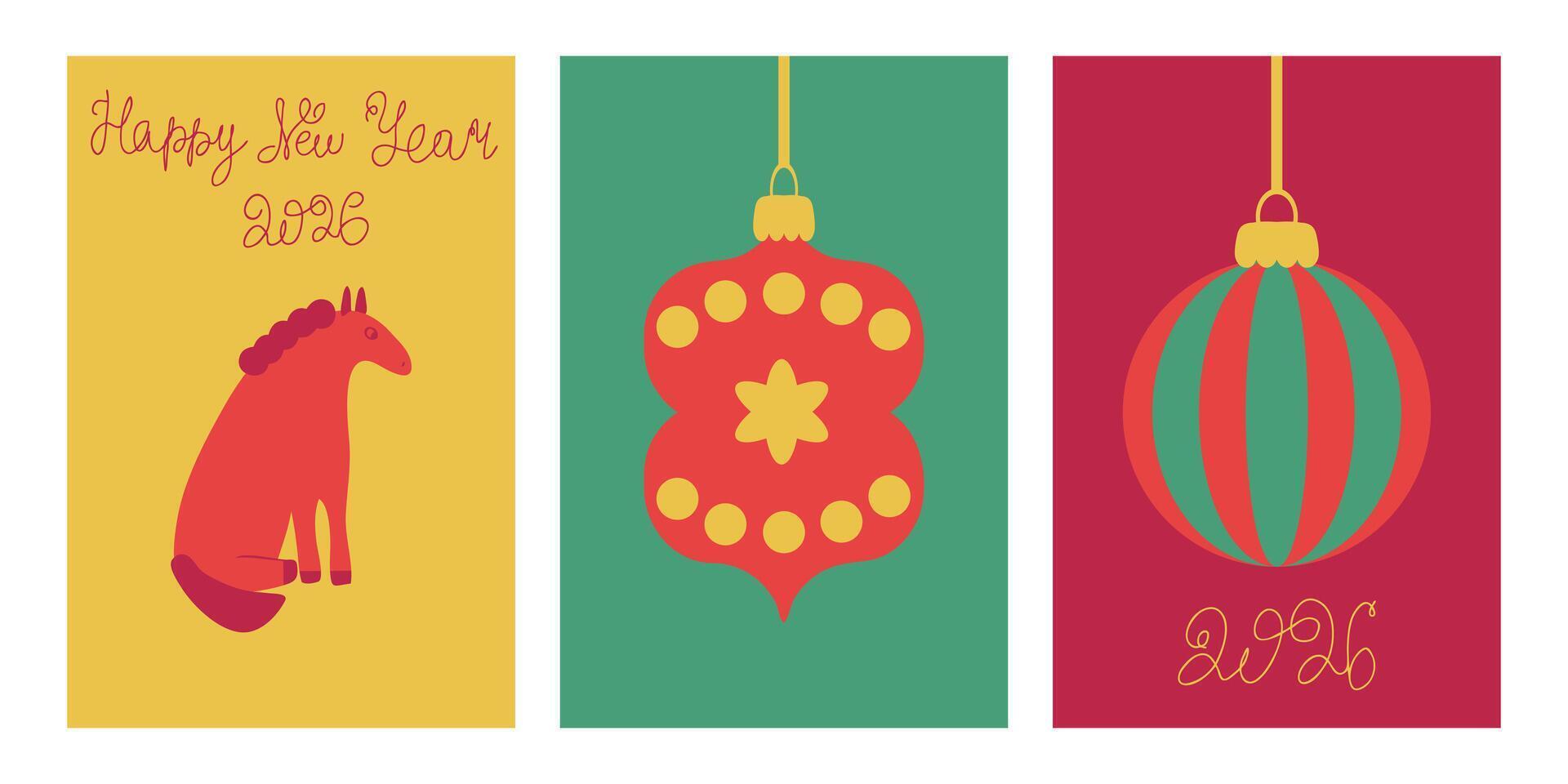 Happy 2026 New Year of Horse greeting cards set. Hand drawn illustration for posters, party invitation, banner, social media, marketing. vector