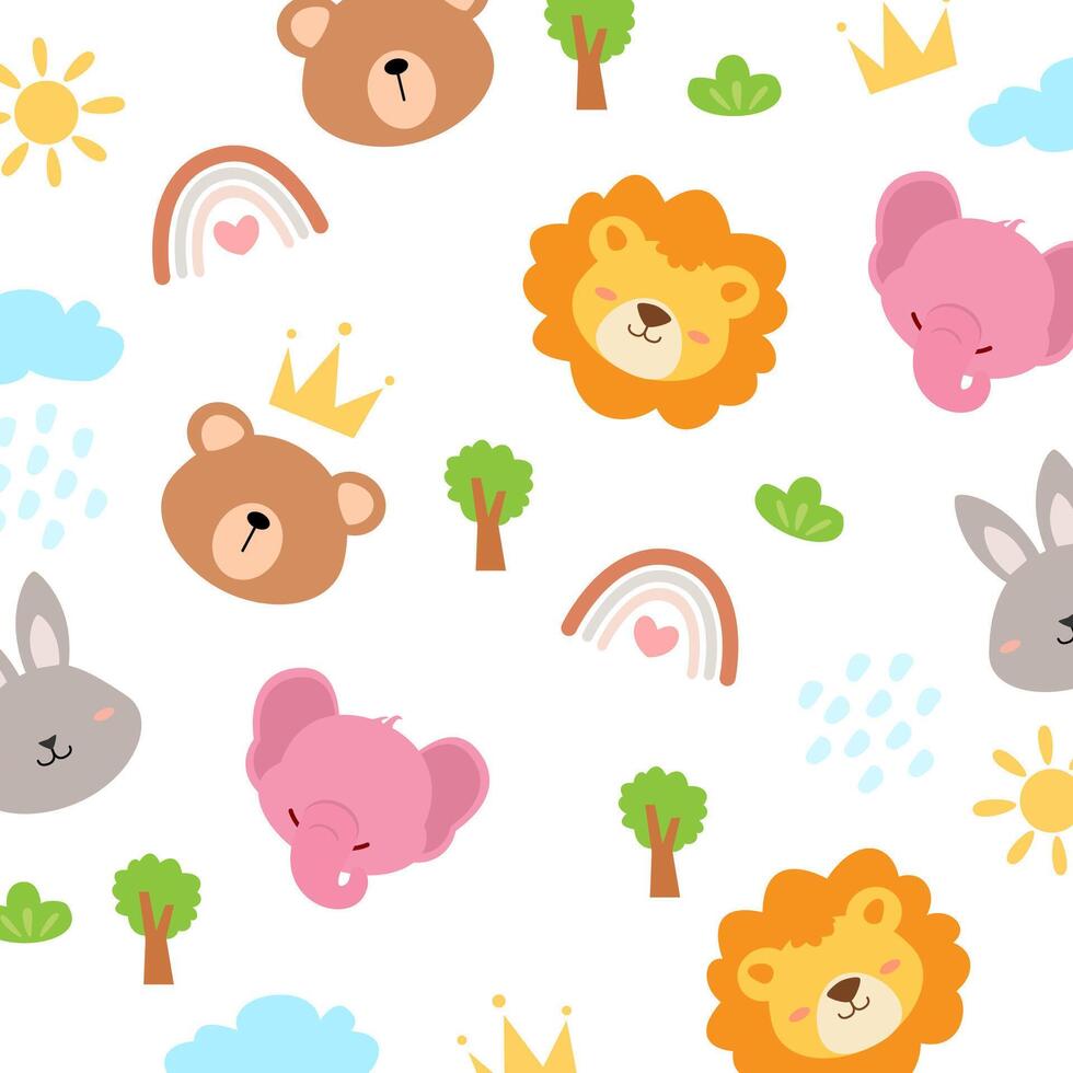 Various animal seamless pattern. Rabbit, elephant, sheep, lion and cow. Cute animal cartoon vector