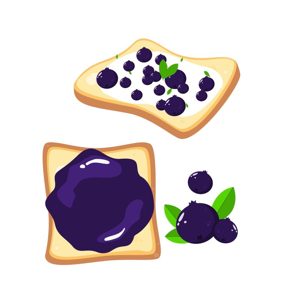 Toasted bread cartoon with blueberry jam. Bakery element illustration. Delicious food illustration vector