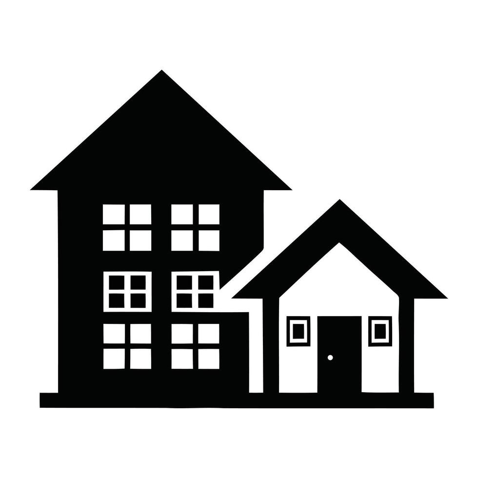 Minimalist black and white illustration of two houses representing real estate and homeownership vector