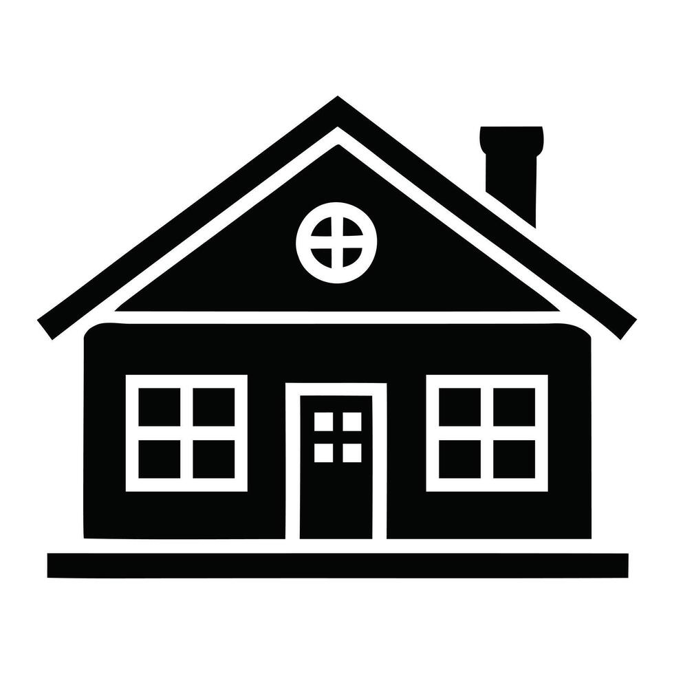 Simple black and white illustration of a house with windows and a chimney on a white background vector
