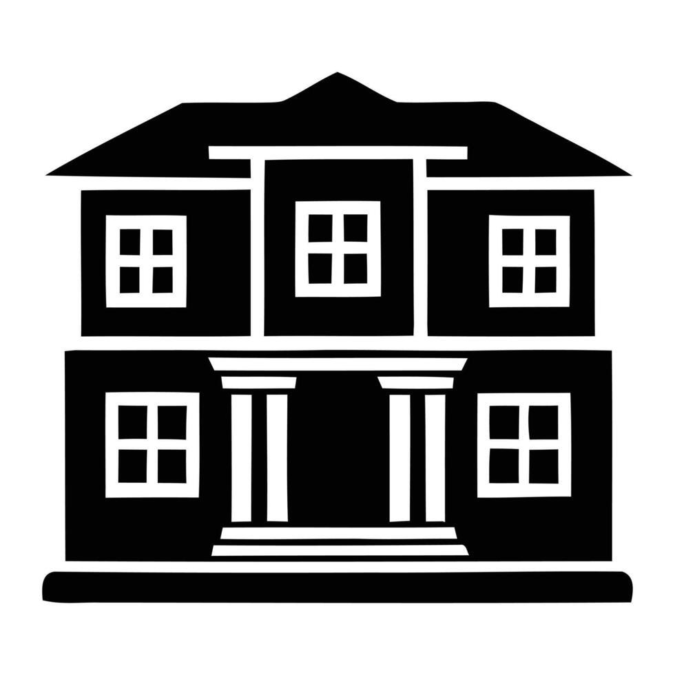 Classic black and white house illustration depicting home architecture with windows and pillars vector