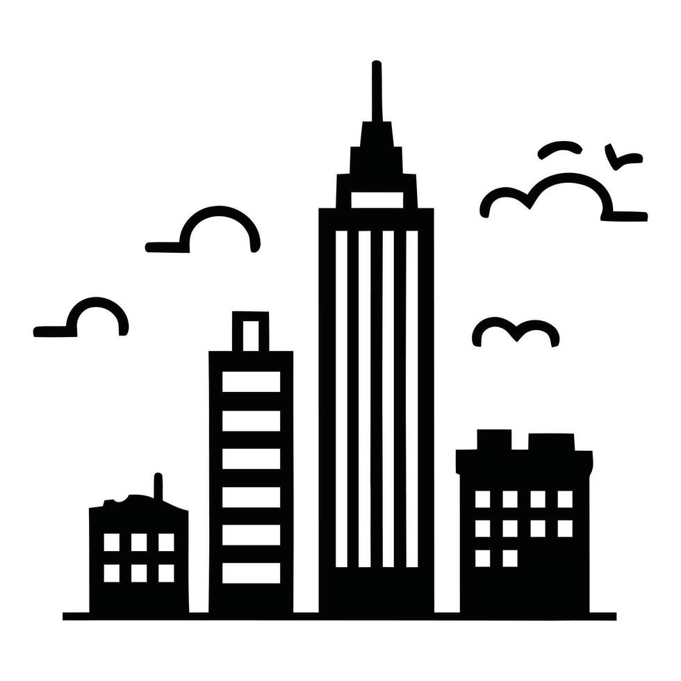 Minimalist black and white silhouette of a cityscape with skyscrapers and clouds vector