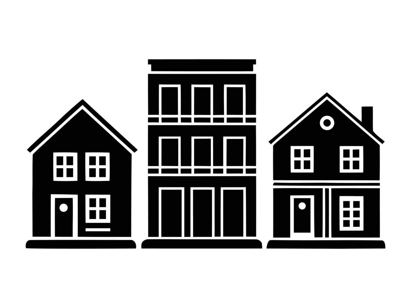 Black and white silhouettes of three different houses representing real estate and architecture vector