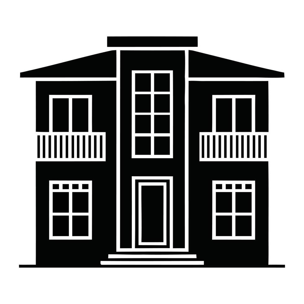 Modern black and white illustration of a two story house with balconies and windows vector